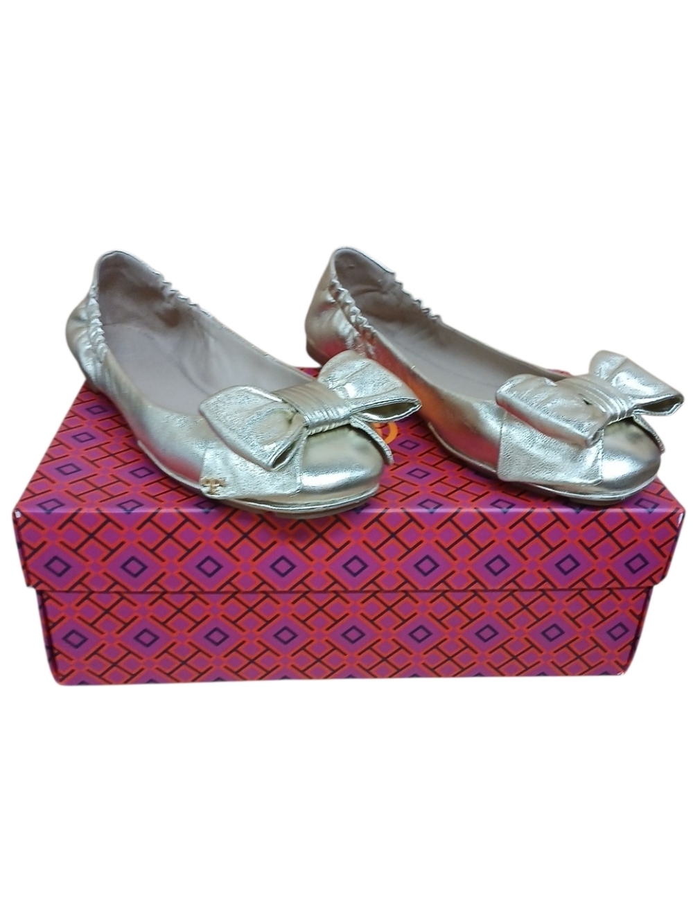Tory Burch Metallic Gold Bow Ballet Leather Flats Size 7.5